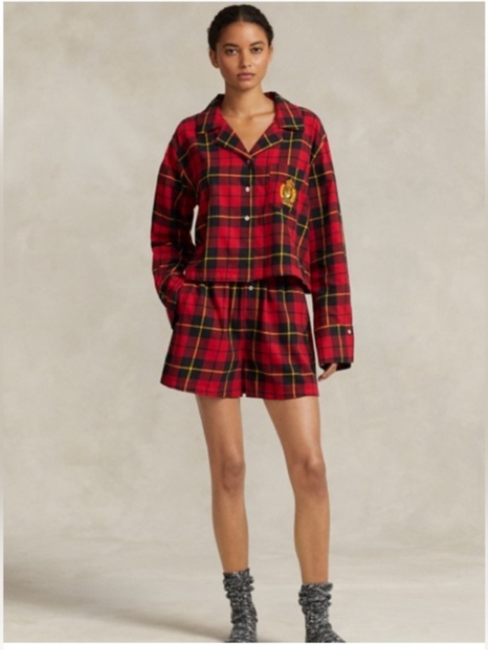 đNWT Polo Ralph Lauren Plaid Flannel Crop Shirt & Boxer PJ Set Medium